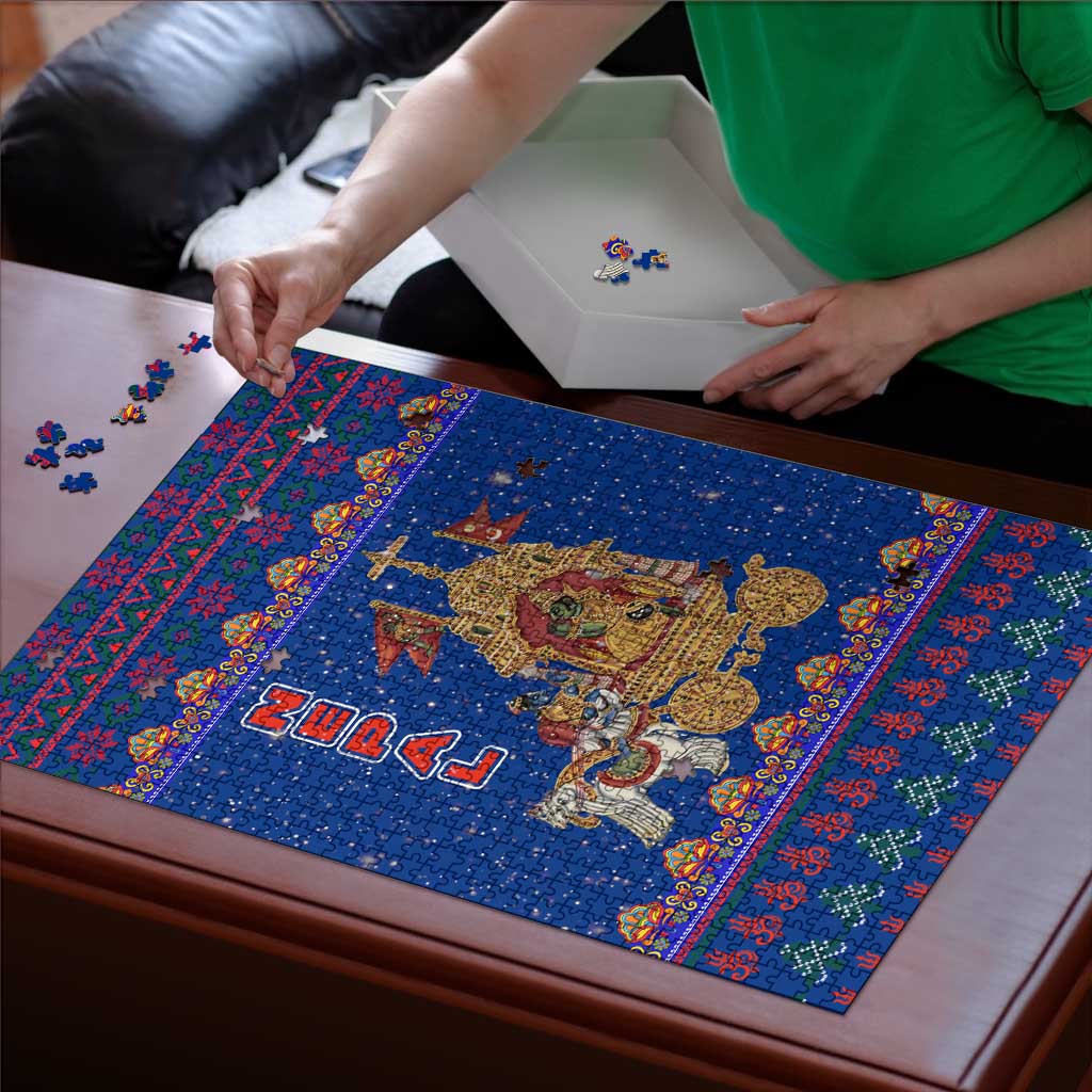 Nepal Christmas Puzzle with Blue-Red Pattern, Hindu Chariot Scene, and Om Symbol Motif - Wonder Print Shop