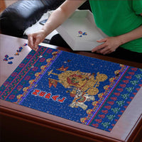 Nepal Christmas Puzzle with Blue-Red Pattern, Hindu Chariot Scene, and Om Symbol Motif - Wonder Print Shop