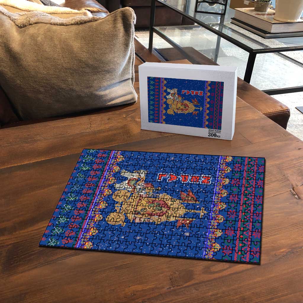Nepal Christmas Puzzle with Blue-Red Pattern, Hindu Chariot Scene, and Om Symbol Motif - Wonder Print Shop