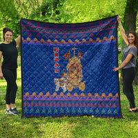 Nepal Christmas Quilt with Blue-Red Pattern, Hindu Chariot Scene, and Om Symbol Motif - Wonder Print Shop