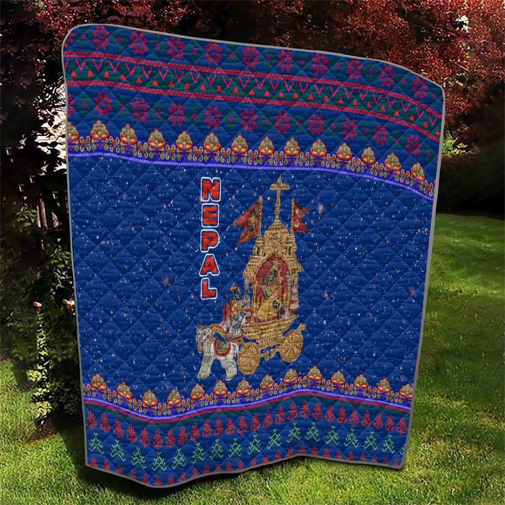 Nepal Christmas Quilt with Blue-Red Pattern, Hindu Chariot Scene, and Om Symbol Motif - Wonder Print Shop