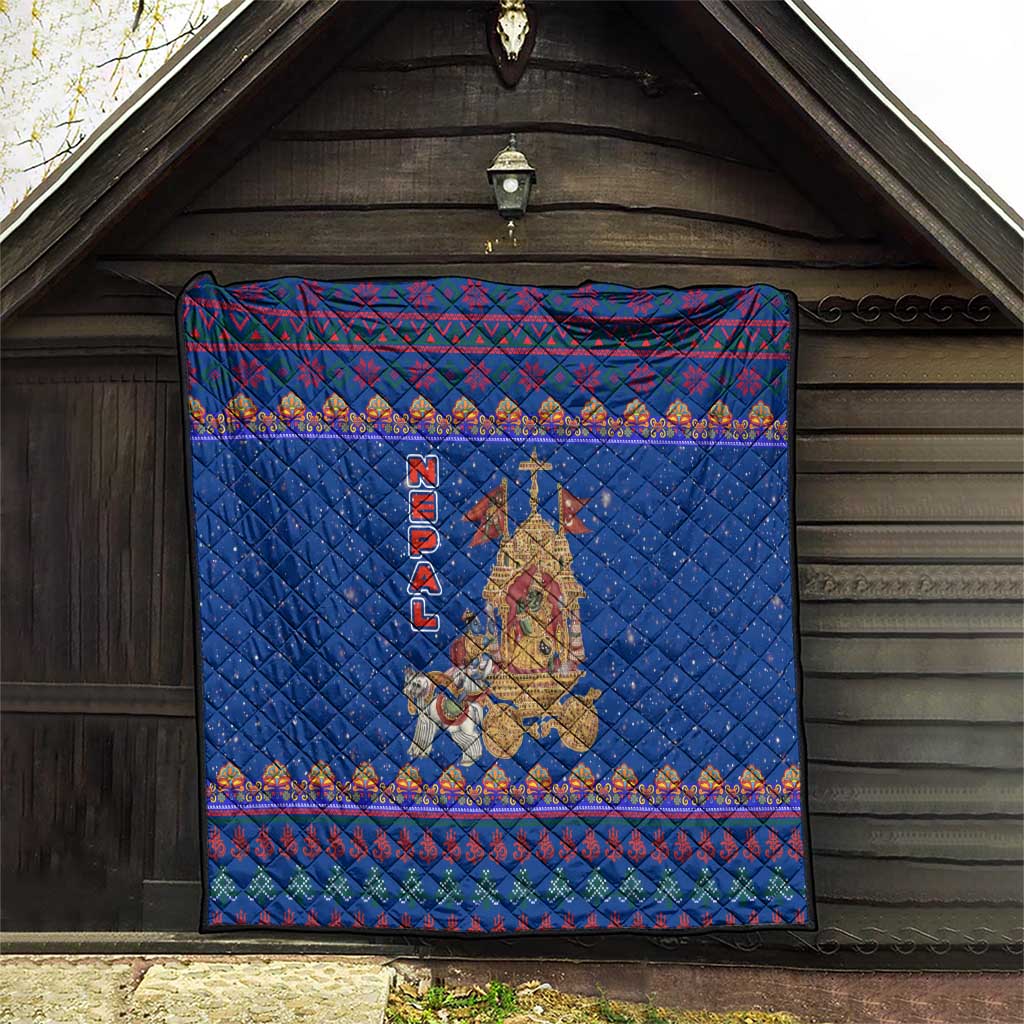 Nepal Christmas Quilt with Blue-Red Pattern, Hindu Chariot Scene, and Om Symbol Motif - Wonder Print Shop