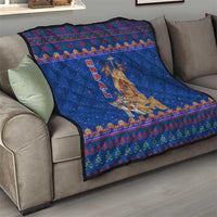Nepal Christmas Quilt with Blue-Red Pattern, Hindu Chariot Scene, and Om Symbol Motif - Wonder Print Shop