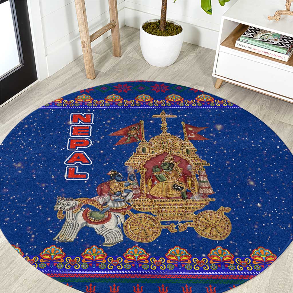 Nepal Christmas Round Carpet with Blue-Red Pattern, Hindu Chariot Scene, and Om Symbol Motif - Wonder Print Shop