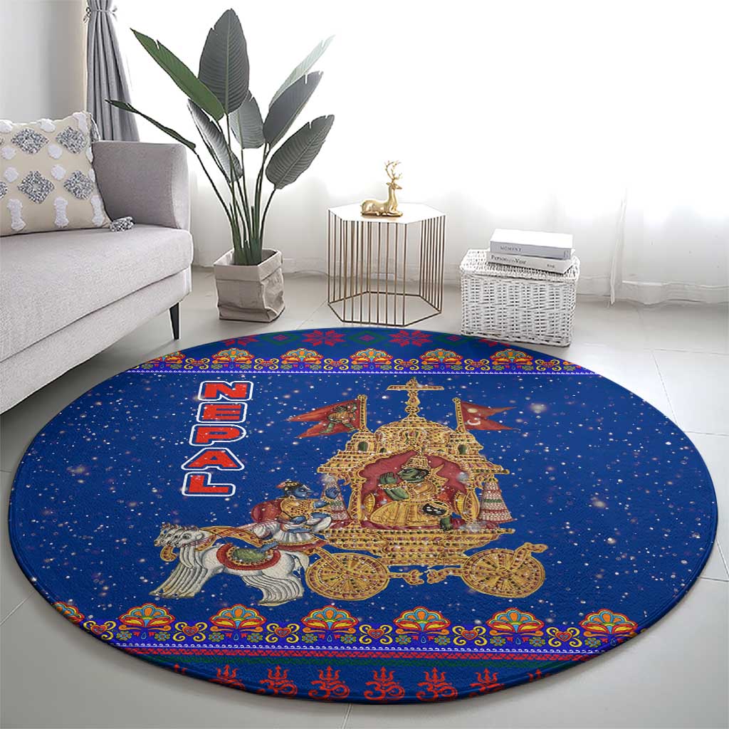 Nepal Christmas Round Carpet with Blue-Red Pattern, Hindu Chariot Scene, and Om Symbol Motif - Wonder Print Shop