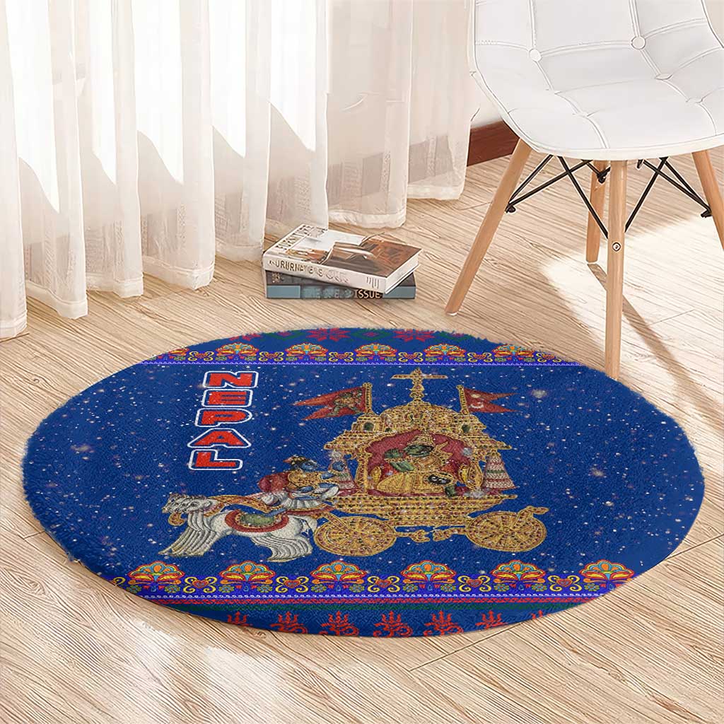 Nepal Christmas Round Carpet with Blue-Red Pattern, Hindu Chariot Scene, and Om Symbol Motif - Wonder Print Shop
