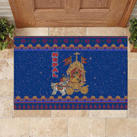 Nepal Christmas Rubber Doormat with Blue-Red Pattern, Hindu Chariot Scene, and Om Symbol Motif - Wonder Print Shop