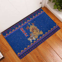 Nepal Christmas Rubber Doormat with Blue-Red Pattern, Hindu Chariot Scene, and Om Symbol Motif - Wonder Print Shop