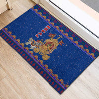 Nepal Christmas Rubber Doormat with Blue-Red Pattern, Hindu Chariot Scene, and Om Symbol Motif - Wonder Print Shop