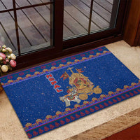 Nepal Christmas Rubber Doormat with Blue-Red Pattern, Hindu Chariot Scene, and Om Symbol Motif - Wonder Print Shop