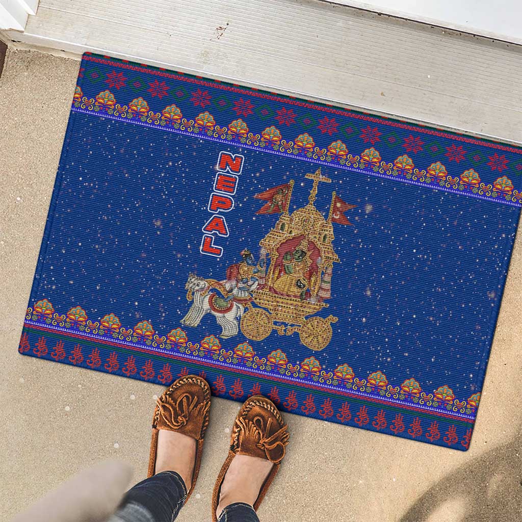 Nepal Christmas Rubber Doormat with Blue-Red Pattern, Hindu Chariot Scene, and Om Symbol Motif - Wonder Print Shop