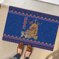 Nepal Christmas Rubber Doormat with Blue-Red Pattern, Hindu Chariot Scene, and Om Symbol Motif - Wonder Print Shop