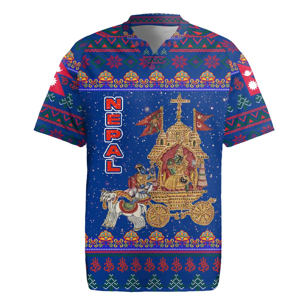 Nepal Christmas Rugby Jersey with Blue-Red Pattern, Hindu Chariot Scene, and Om Symbol Motif - Wonder Print Shop