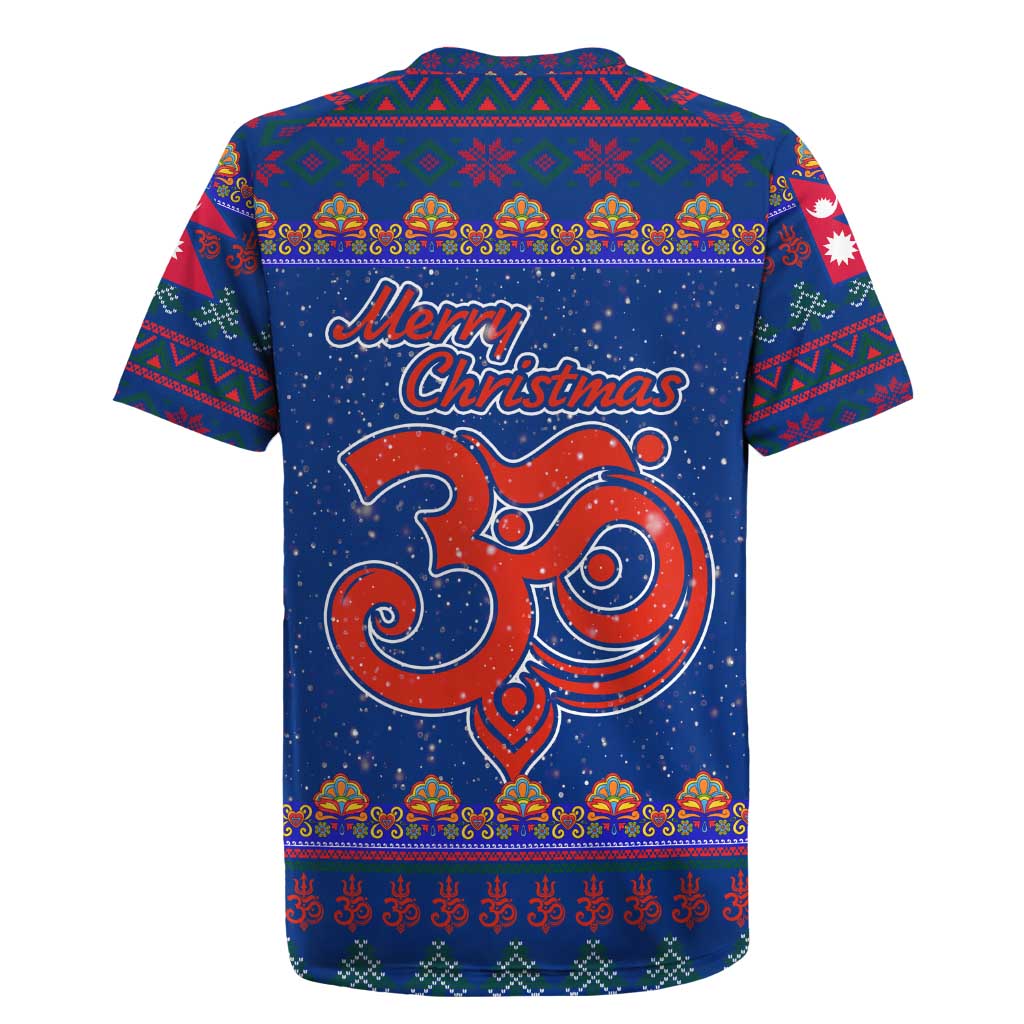 Nepal Christmas Rugby Jersey with Blue-Red Pattern, Hindu Chariot Scene, and Om Symbol Motif - Wonder Print Shop