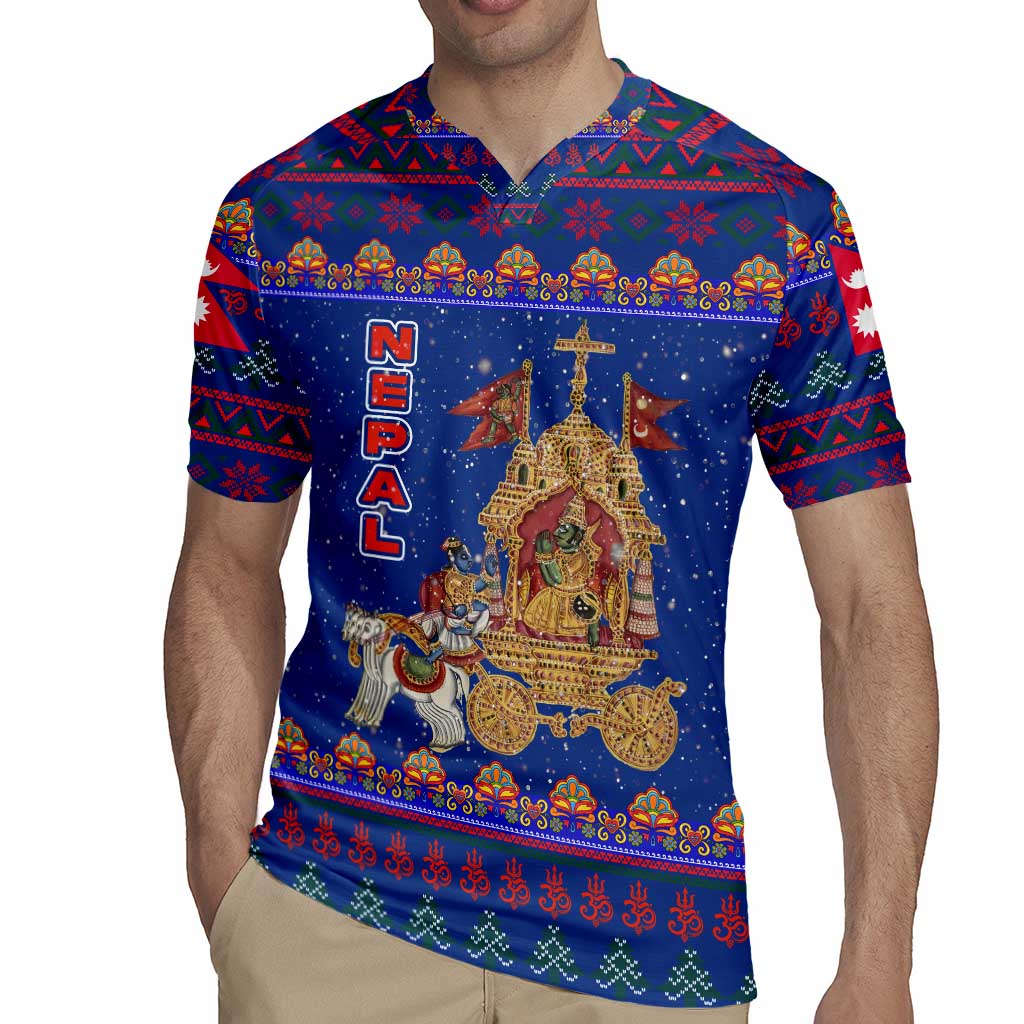 Nepal Christmas Rugby Jersey with Blue-Red Pattern, Hindu Chariot Scene, and Om Symbol Motif - Wonder Print Shop