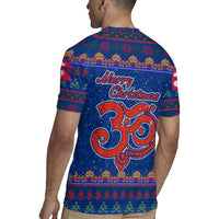 Nepal Christmas Rugby Jersey with Blue-Red Pattern, Hindu Chariot Scene, and Om Symbol Motif - Wonder Print Shop