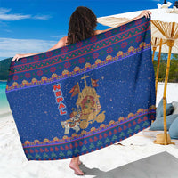 Nepal Christmas Sarong with Blue-Red Pattern, Hindu Chariot Scene, and Om Symbol Motif - Wonder Print Shop