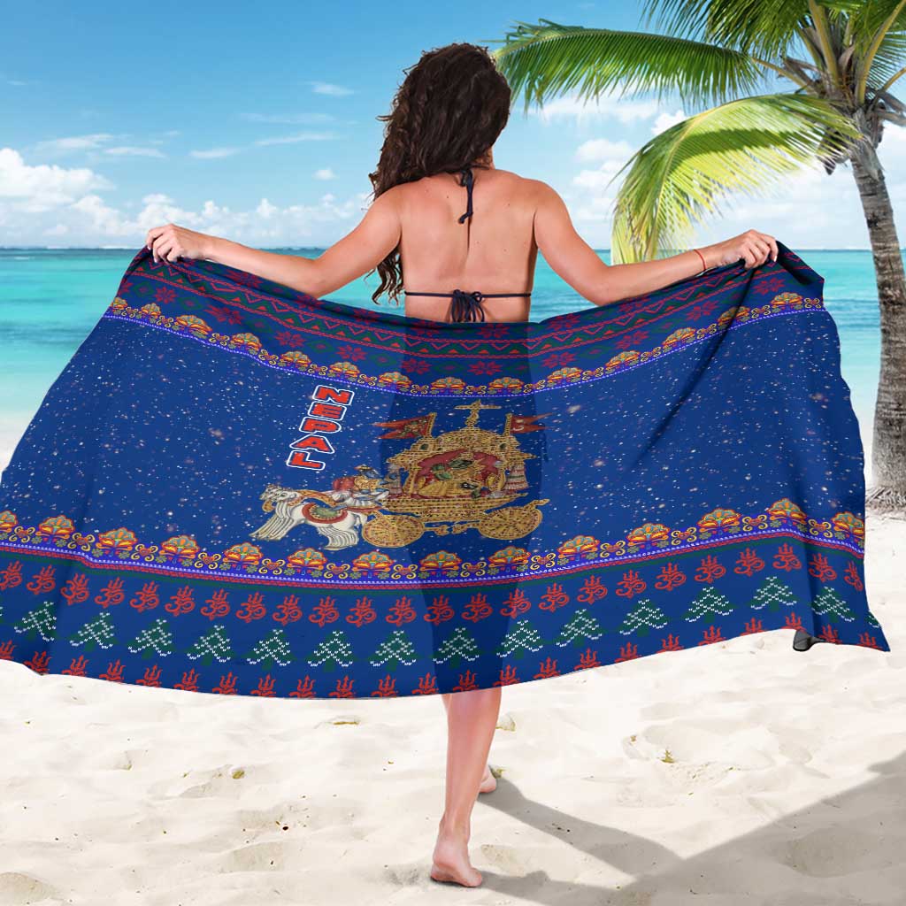 Nepal Christmas Sarong with Blue-Red Pattern, Hindu Chariot Scene, and Om Symbol Motif - Wonder Print Shop
