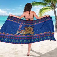 Nepal Christmas Sarong with Blue-Red Pattern, Hindu Chariot Scene, and Om Symbol Motif - Wonder Print Shop