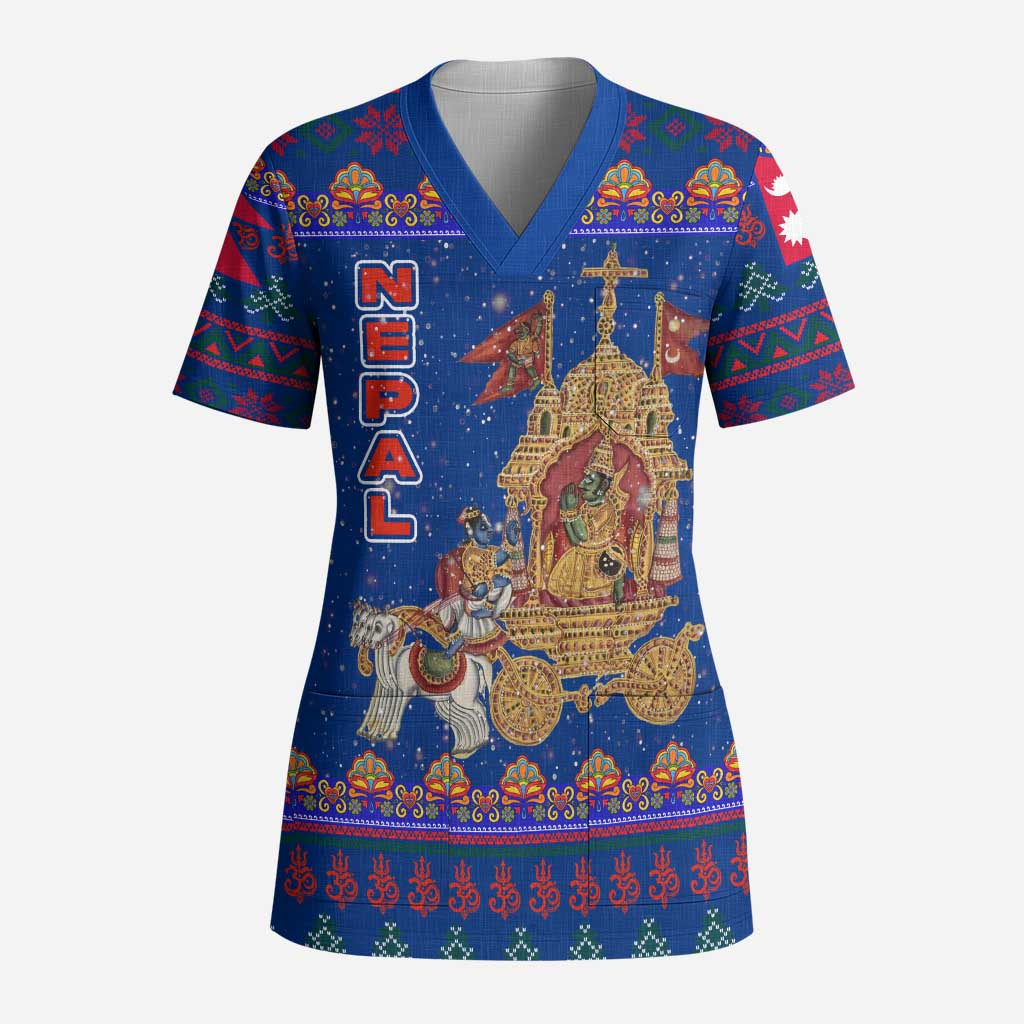 Nepal Christmas Scrub Top with Blue-Red Pattern, Hindu Chariot Scene, and Om Symbol Motif - Wonder Print Shop