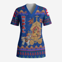 Nepal Christmas Scrub Top with Blue-Red Pattern, Hindu Chariot Scene, and Om Symbol Motif - Wonder Print Shop