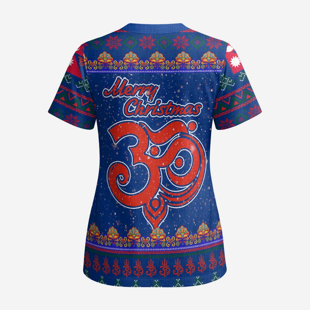 Nepal Christmas Scrub Top with Blue-Red Pattern, Hindu Chariot Scene, and Om Symbol Motif - Wonder Print Shop