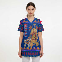 Nepal Christmas Scrub Top with Blue-Red Pattern, Hindu Chariot Scene, and Om Symbol Motif - Wonder Print Shop