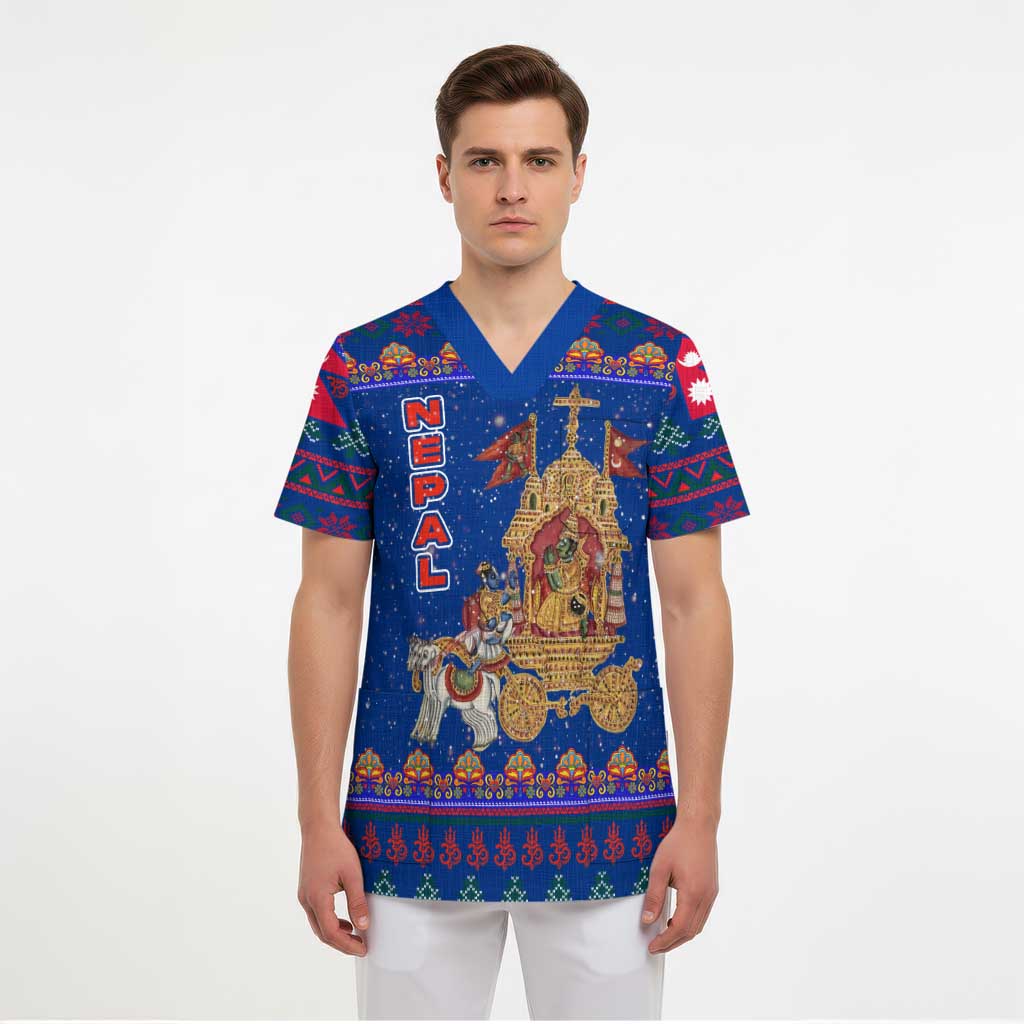 Nepal Christmas Scrub Top with Blue-Red Pattern, Hindu Chariot Scene, and Om Symbol Motif - Wonder Print Shop