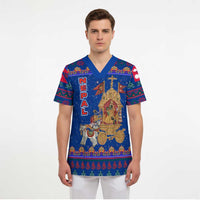 Nepal Christmas Scrub Top with Blue-Red Pattern, Hindu Chariot Scene, and Om Symbol Motif - Wonder Print Shop