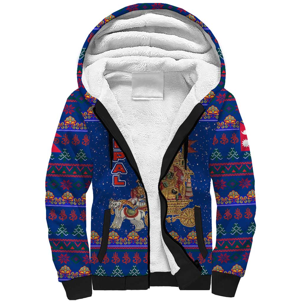 Nepal Christmas Sherpa Hoodie with Blue-Red Pattern, Hindu Chariot Scene, and Om Symbol Motif - Wonder Print Shop