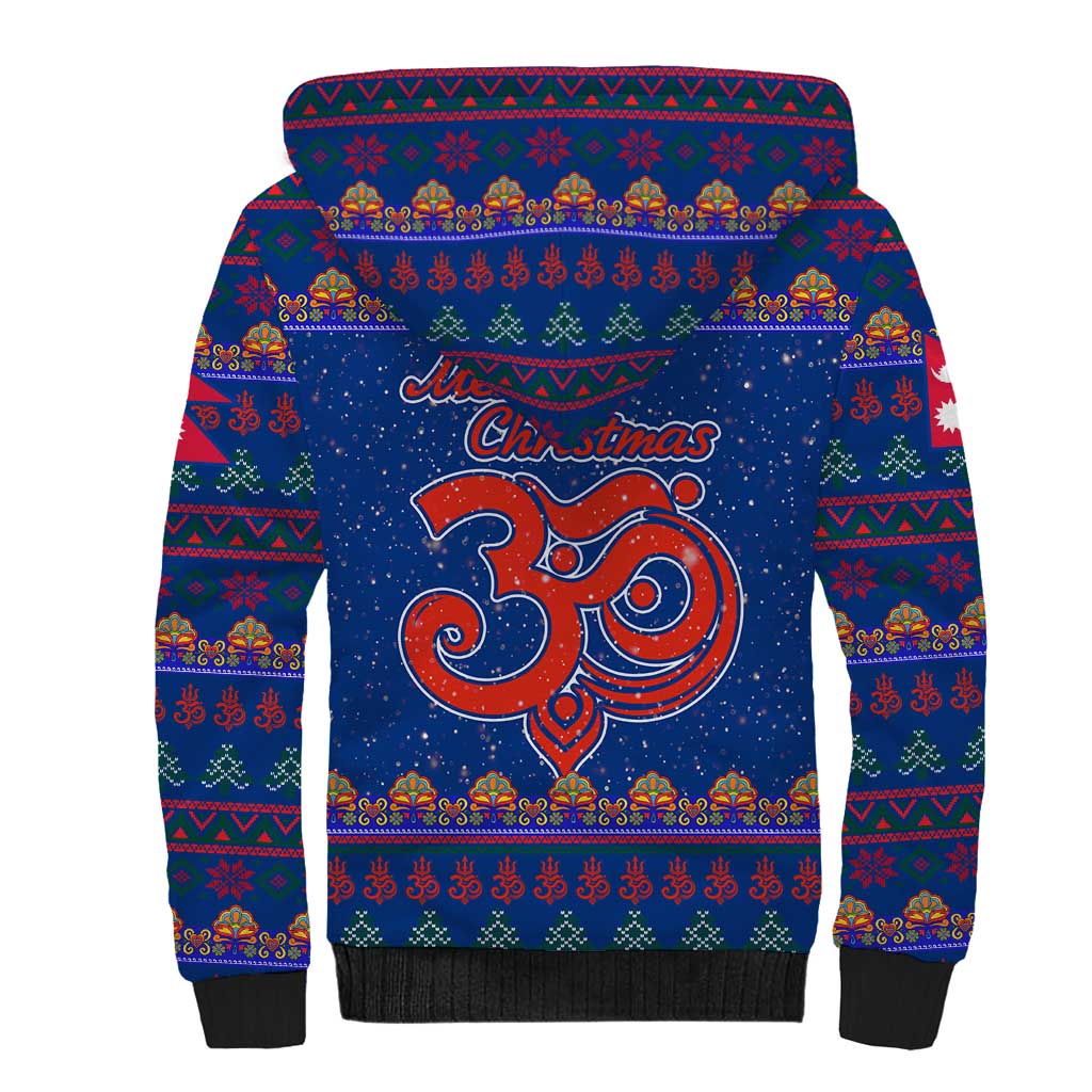 Nepal Christmas Sherpa Hoodie with Blue-Red Pattern, Hindu Chariot Scene, and Om Symbol Motif - Wonder Print Shop