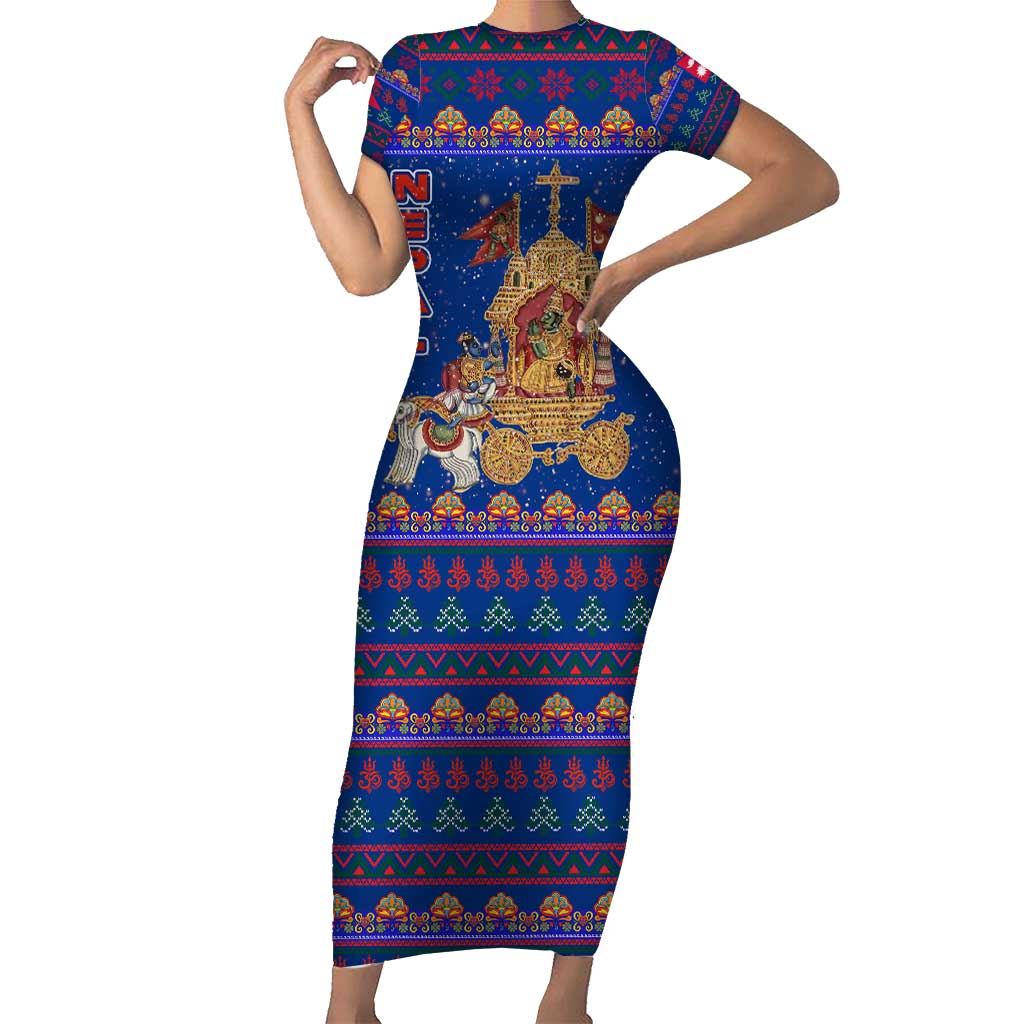 Nepal Christmas Short Sleeve Bodycon Dress with Blue-Red Pattern, Hindu Chariot Scene, and Om Symbol Motif - Wonder Print Shop