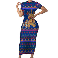 Nepal Christmas Short Sleeve Bodycon Dress with Blue-Red Pattern, Hindu Chariot Scene, and Om Symbol Motif - Wonder Print Shop