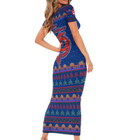 Nepal Christmas Short Sleeve Bodycon Dress with Blue-Red Pattern, Hindu Chariot Scene, and Om Symbol Motif - Wonder Print Shop