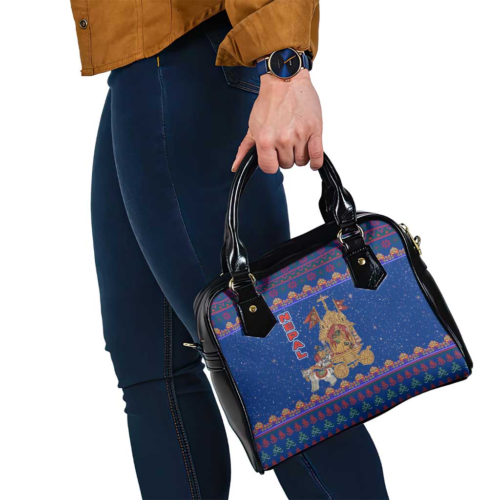 Nepal Christmas Shoulder Handbag with Blue-Red Pattern, Hindu Chariot Scene, and Om Symbol Motif - Wonder Print Shop