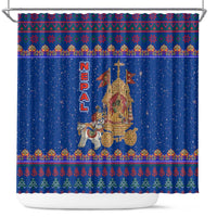 Nepal Christmas Shower Curtain with Blue-Red Pattern, Hindu Chariot Scene, and Om Symbol Motif - Wonder Print Shop