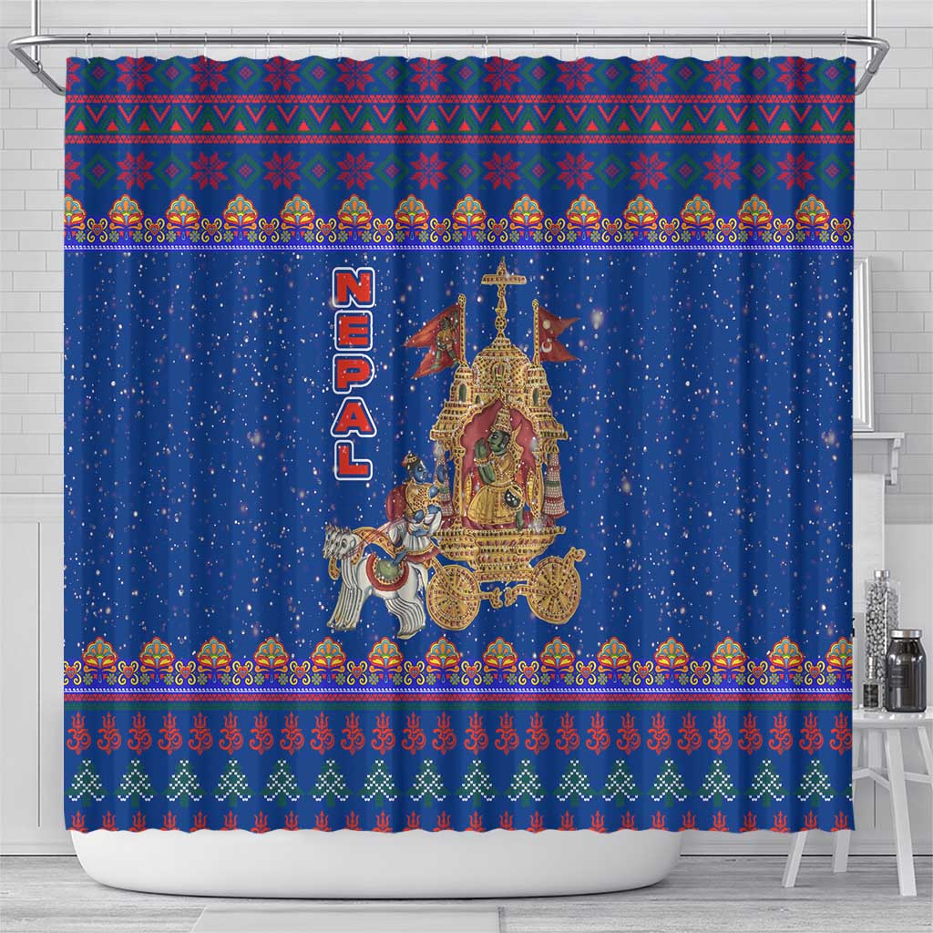 Nepal Christmas Shower Curtain with Blue-Red Pattern, Hindu Chariot Scene, and Om Symbol Motif - Wonder Print Shop