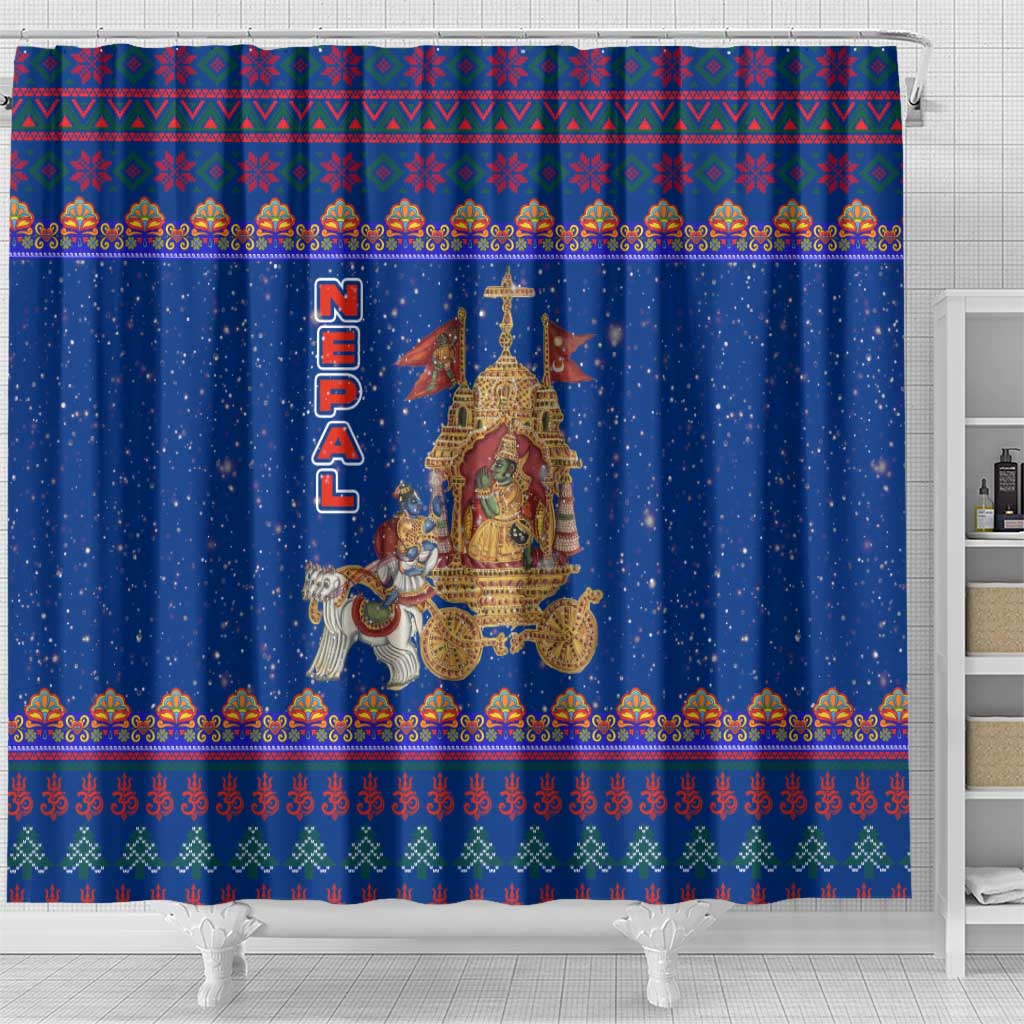 Nepal Christmas Shower Curtain with Blue-Red Pattern, Hindu Chariot Scene, and Om Symbol Motif - Wonder Print Shop