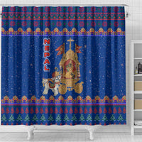 Nepal Christmas Shower Curtain with Blue-Red Pattern, Hindu Chariot Scene, and Om Symbol Motif - Wonder Print Shop