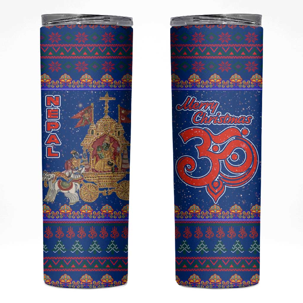 Nepal Christmas Skinny Tumbler with Blue-Red Pattern, Hindu Chariot Scene, and Om Symbol Motif - Wonder Print Shop