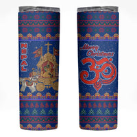 Nepal Christmas Skinny Tumbler with Blue-Red Pattern, Hindu Chariot Scene, and Om Symbol Motif - Wonder Print Shop