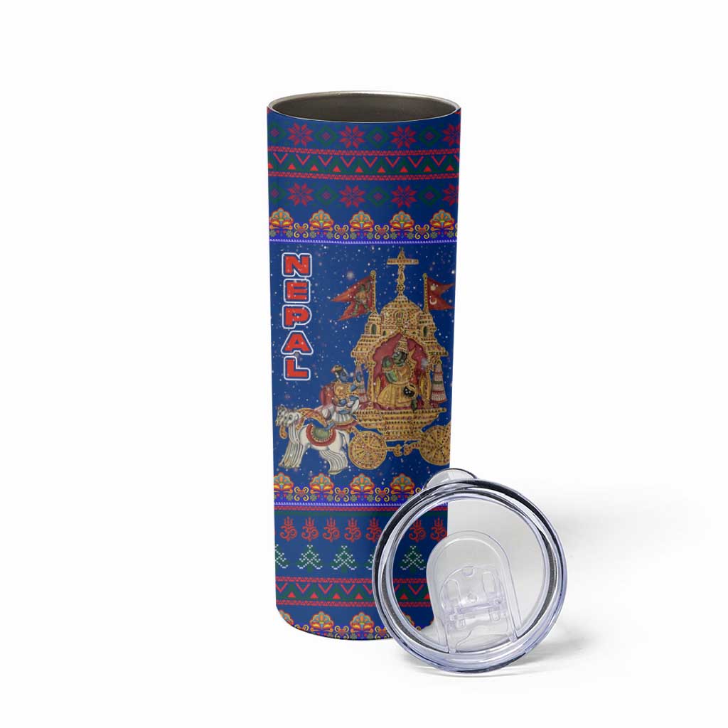 Nepal Christmas Skinny Tumbler with Blue-Red Pattern, Hindu Chariot Scene, and Om Symbol Motif - Wonder Print Shop