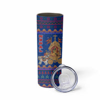Nepal Christmas Skinny Tumbler with Blue-Red Pattern, Hindu Chariot Scene, and Om Symbol Motif - Wonder Print Shop