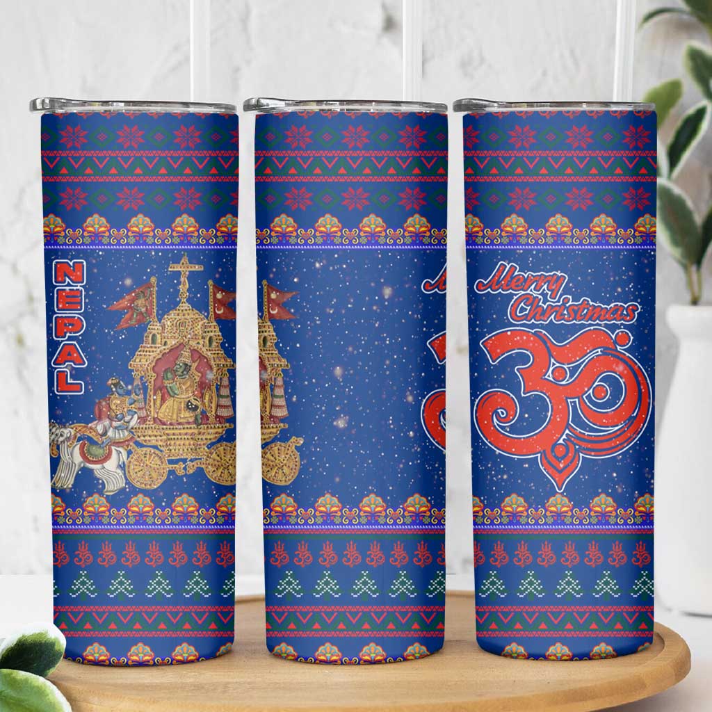 Nepal Christmas Skinny Tumbler with Blue-Red Pattern, Hindu Chariot Scene, and Om Symbol Motif - Wonder Print Shop