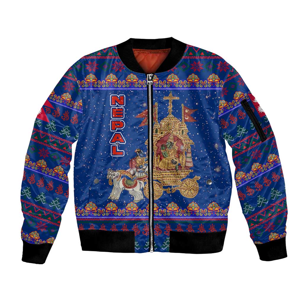 Nepal Christmas Sleeve Zip Bomber Jacket with Blue-Red Pattern, Hindu Chariot Scene, and Om Symbol Motif - Wonder Print Shop