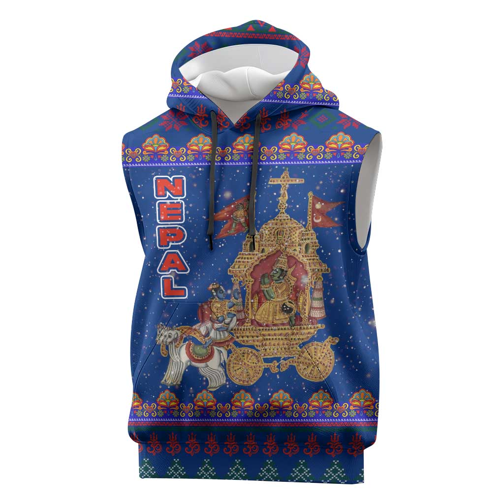Nepal Christmas Sleeveless Hoodie with Blue-Red Pattern, Hindu Chariot Scene, and Om Symbol Motif - Wonder Print Shop