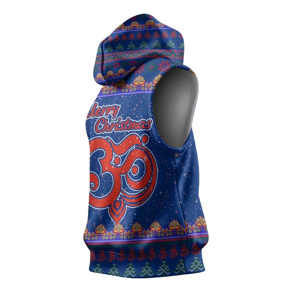 Nepal Christmas Sleeveless Hoodie with Blue-Red Pattern, Hindu Chariot Scene, and Om Symbol Motif - Wonder Print Shop