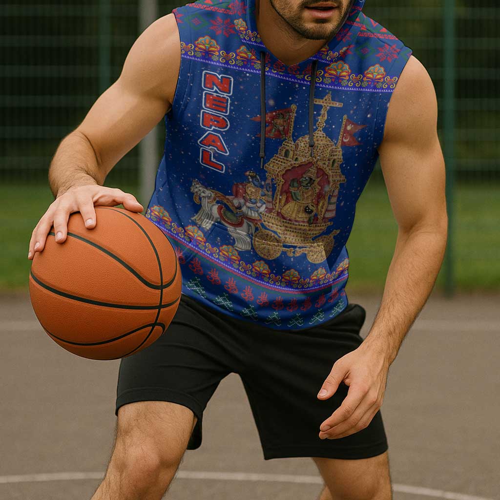 Nepal Christmas Sleeveless Hoodie with Blue-Red Pattern, Hindu Chariot Scene, and Om Symbol Motif - Wonder Print Shop