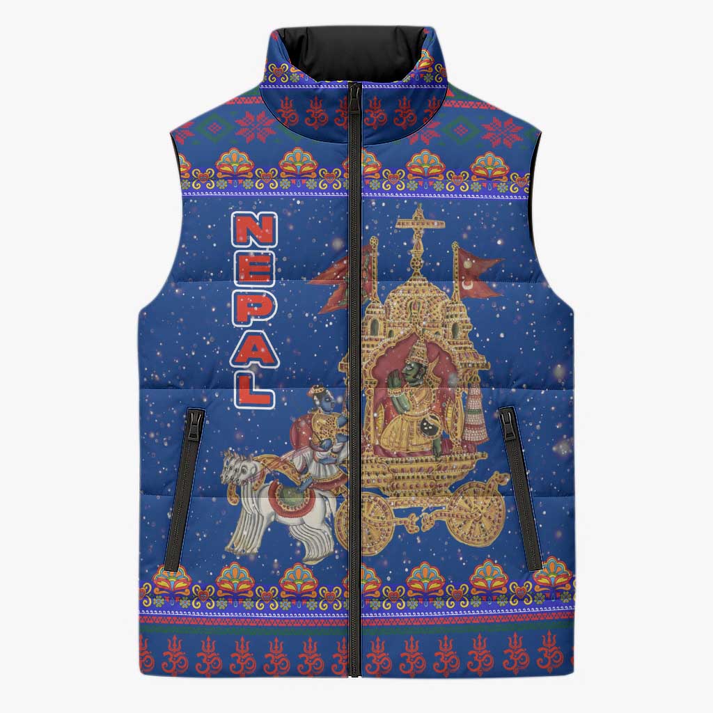 Nepal Christmas Sleeveless Puffer Jacket with Blue-Red Pattern, Hindu Chariot Scene, and Om Symbol Motif - Wonder Print Shop