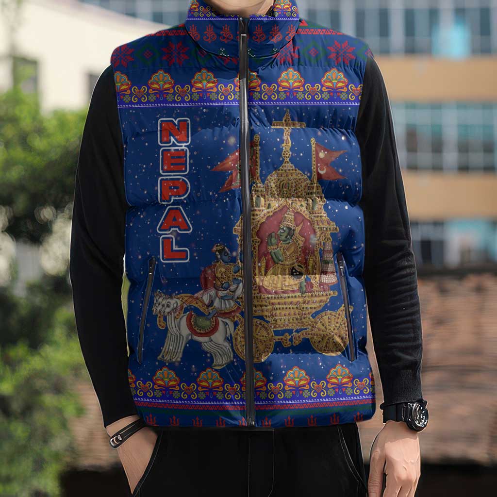 Nepal Christmas Sleeveless Puffer Jacket with Blue-Red Pattern, Hindu Chariot Scene, and Om Symbol Motif - Wonder Print Shop